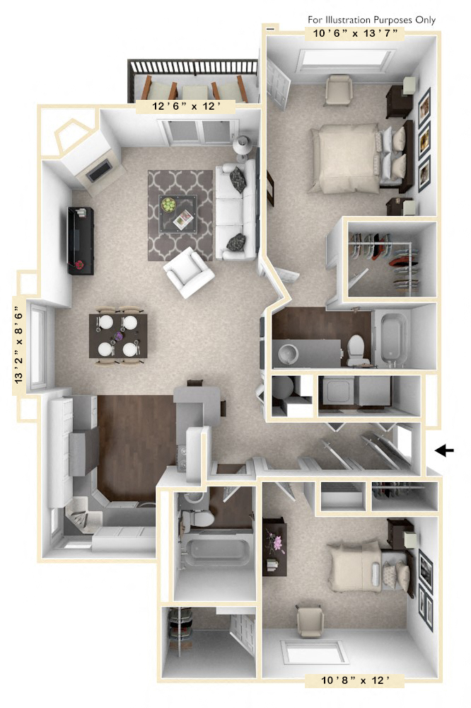 Floor plan for 2 beds, 2 baths, 1034 sqft